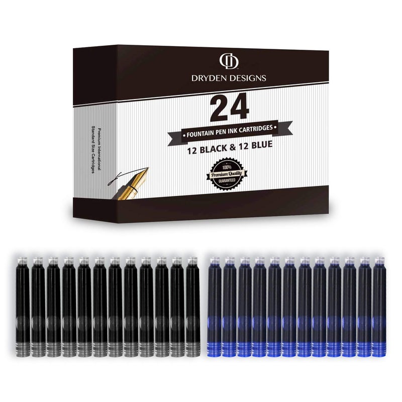 Dryden Designs Fine Nib Fountain Pen - Includes 24 Ink Cartridges - 12 Black and 12 Blue - Silver - Smooth Elegant Writing with Fine Nib and Ink Converters - Image 4